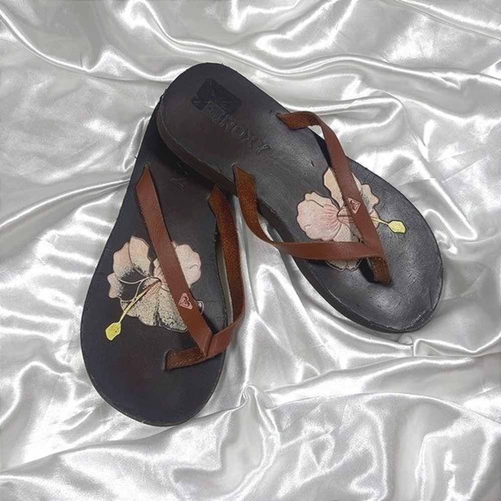 y2k Roxy Hibiscus Flip Flop Sandals Brown Good Floral Surf Beach Thong